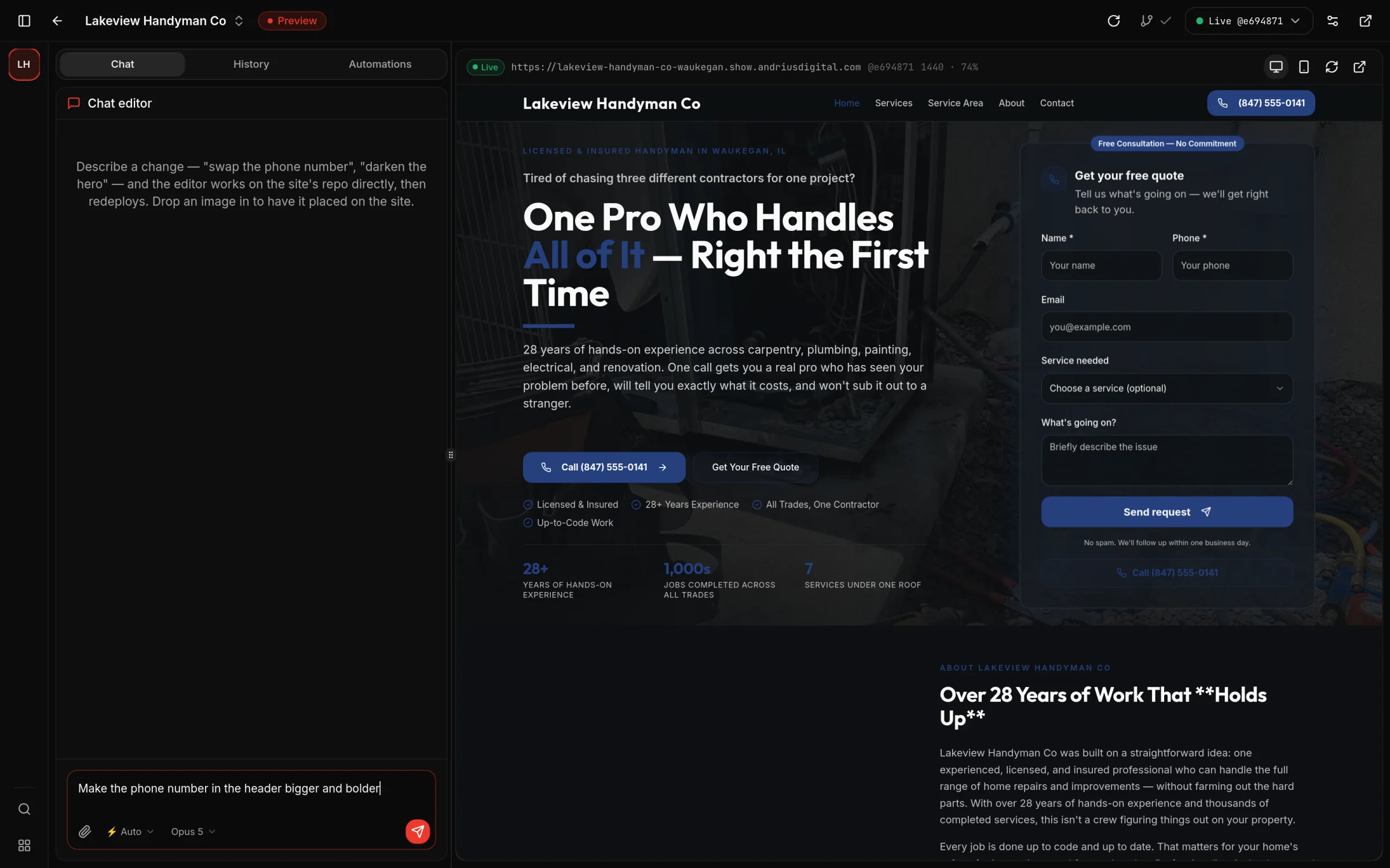 The Rank Me Higher chat editor — a change typed in plain English on the left, the live website updating on the right