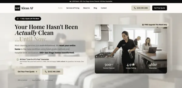 Klean AF - Cleaning · San Diego - Custom website by Rank Me Higher